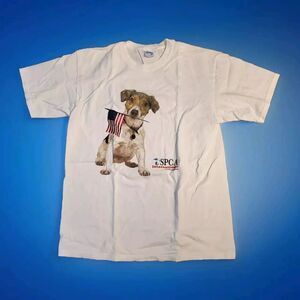 Vntg Mens Tshirt Y2k SPCA International Dog With American Flag Large Color Cream